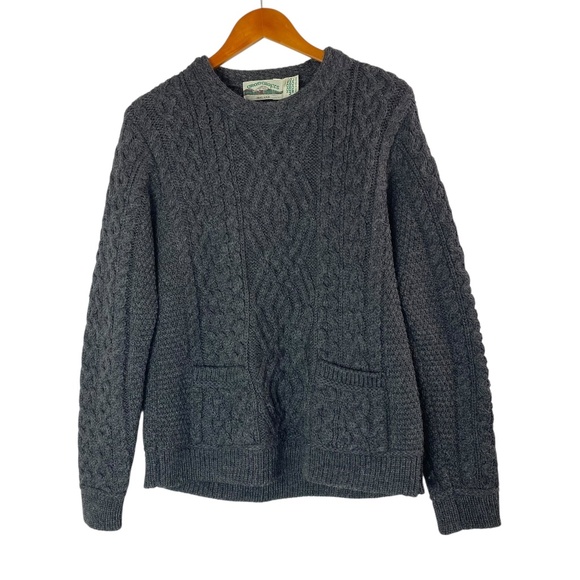 ARAN CRAFTS Sweater Merino Wool Crew Neck Cable Knit w/pockets Gray Size L - Picture 1 of 6
